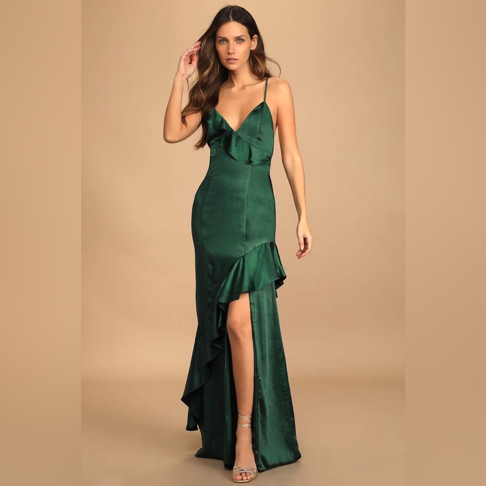 SOLD OUT Lucky Lady Hunter Green Satin Ruffled Maxi Dress - Picture 3 of 12